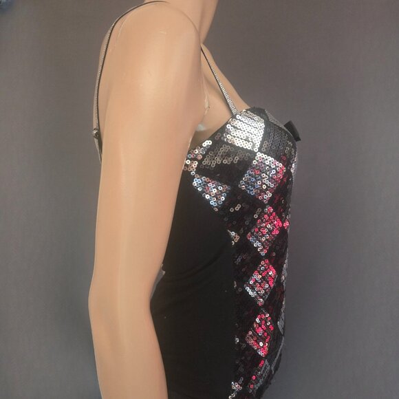 Y2K Sequin Tank Top With bow Size M Black Silver Diamond Pattern Mcbling 2000s - Picture 10 of 12